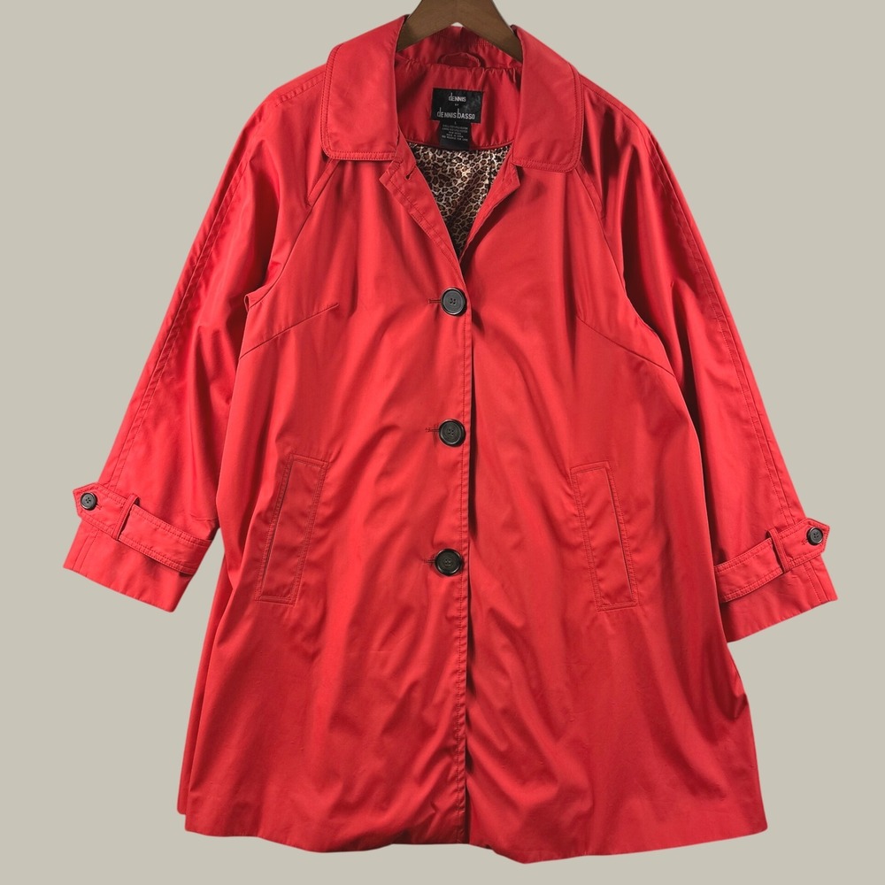 Dennis Basso Trench Coat Women L Red Leopard Print Satin Lining Rain Car Jacket